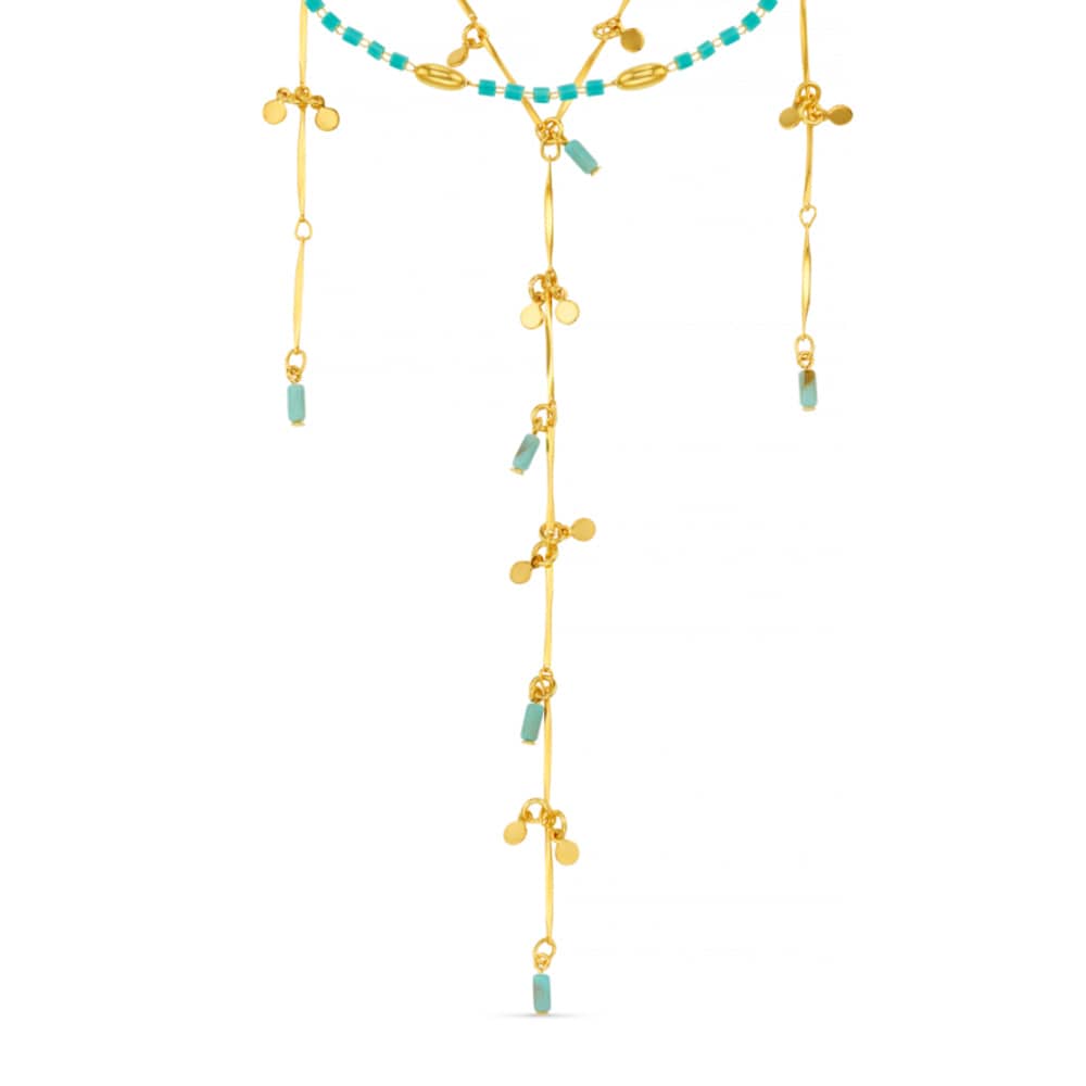 Turquoise Bead & Fringe Multi-Row Lariat Necklace